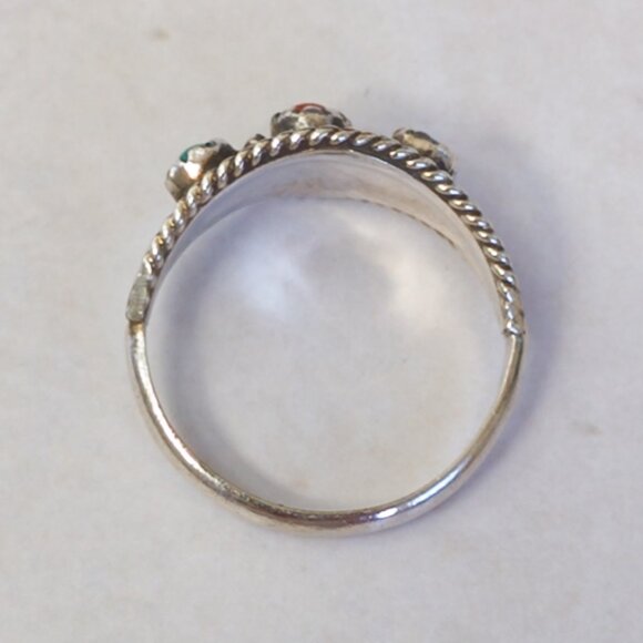 Sterling Silver Turquoise & Coral Trio Ring, Sz 5.5 — Southwest twist-wire - Picture 6 of 13